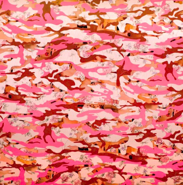 Jason Thiry, Untitled Camouflage (Wal-mart wallpaper,flocked wallpaper, Swank magazines, Pretty Pink acrylic paint), 2009, mixed media collage, 92.0 x 91.5cm