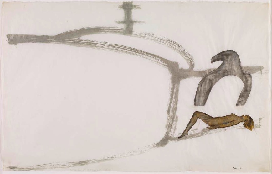 Nancy Spero, Helicopter, Eagle, (Magnet), Victim, 1968, Gouache and ink on paper, 70.0 x 107.3cm, Courtesy of Galerie Lelong, New York