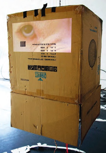 Alison O'Daniel, God’s Eye, 2011, Original cardboard box for disco ball, rotating disco ball hanging inside, projection of dog’s eye, string, hair-wraps, chain, Variable sizes