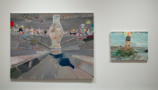 Lisa Sanditz, (left) Lamp City, 2009, Acrylic on canvas, 68 x 87 inches
