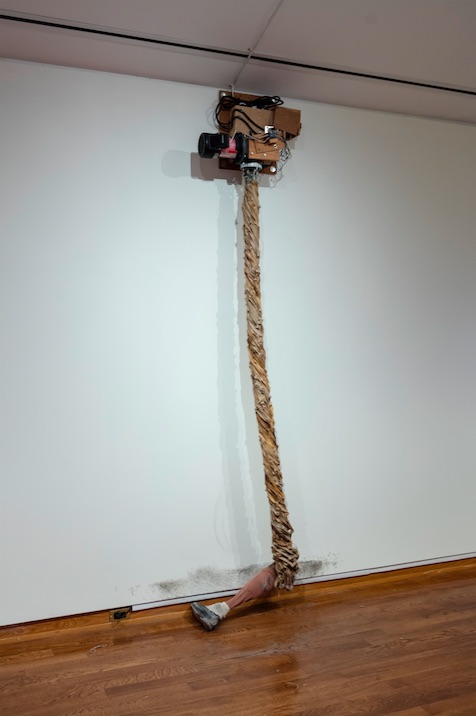 Martin Kersels, Twist, 1993, Gear motor, motor speed control, bridge rectifier, wood, metal, rubber bands, prosthetic leg, sock, and shoe, Dimensions variable, Collection of the Museum of Contemporary Art San Diego
