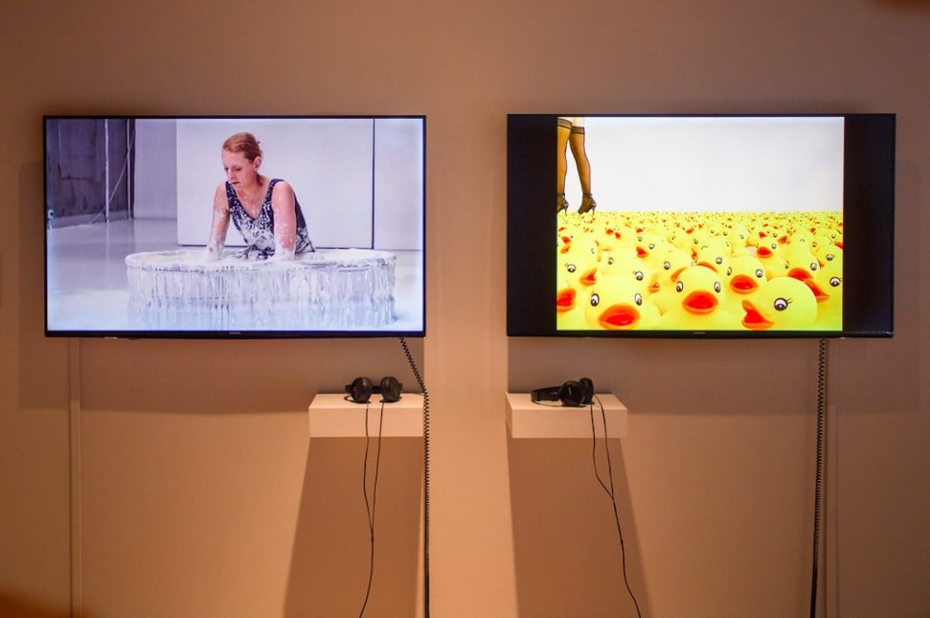 Anna Berndtson, (left) Churned 2014, Video, 11 min 18 sec; (right) Duckie, 2006, Video, 5 min 49 sec (looped)