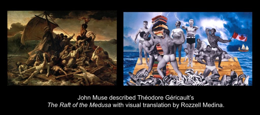 Carmen Papalia, See For Yourself, 2015, John Muse described Théodore Géricaultt’s The Raft of the Medusa with visual translation by Rozzell Medina.