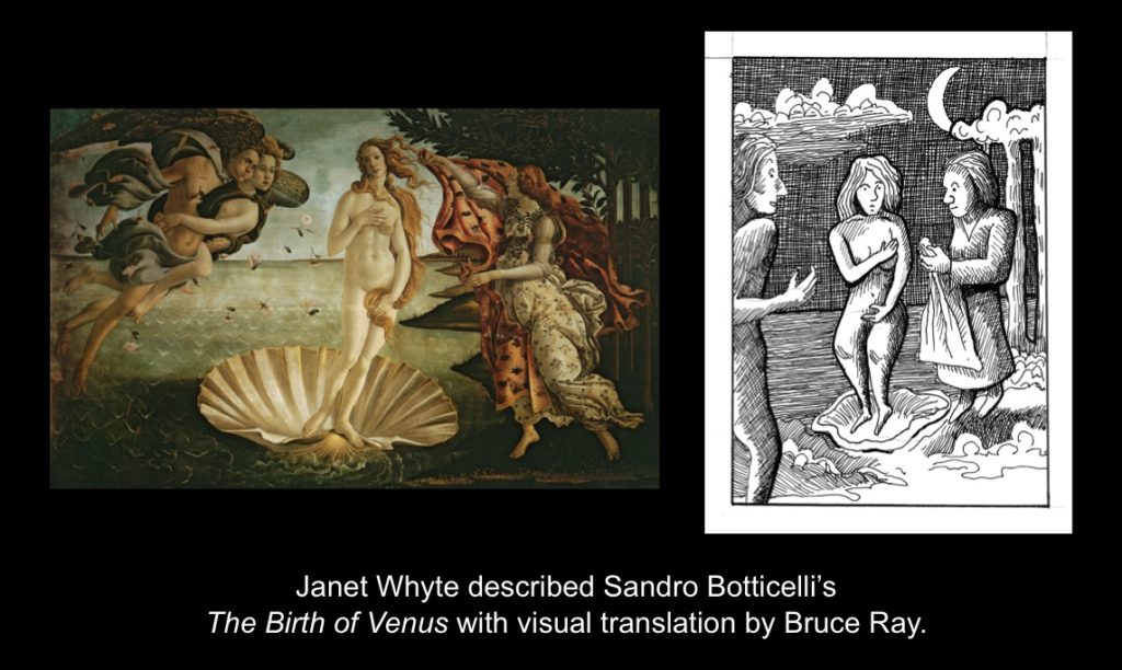 Carmen Papalia, See For Yourself, 2015, Janet Whyte described Sandro Botticelli’s The Birth of Venus with visual translation by Bruce Ray.
