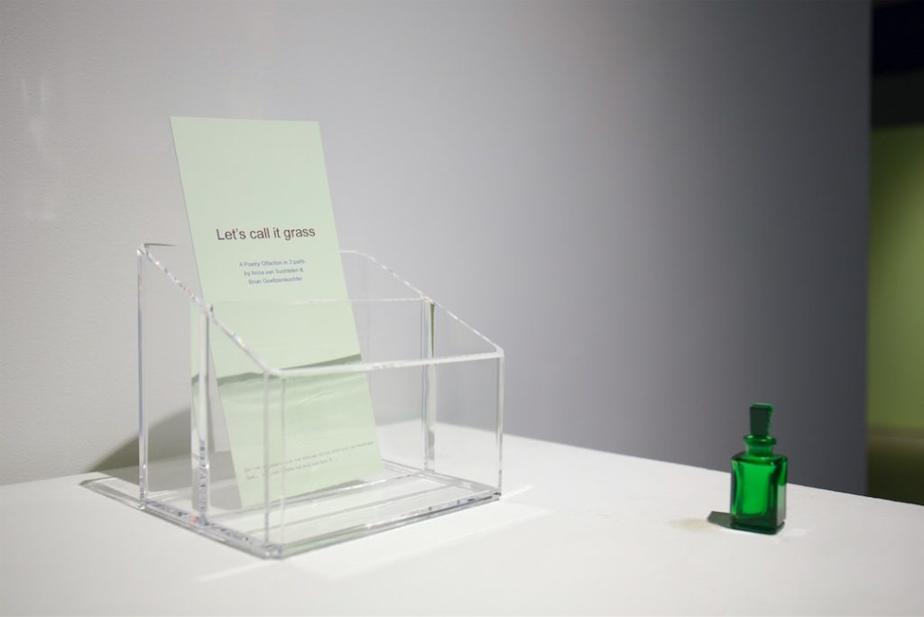 Brian Goeltzenleuchter & Anna van Suchtelen, Lets call it grass, 2015, Poetry olfaction in 3 parts, 1000 copies of folded cards with 1-dram vials of fragrance