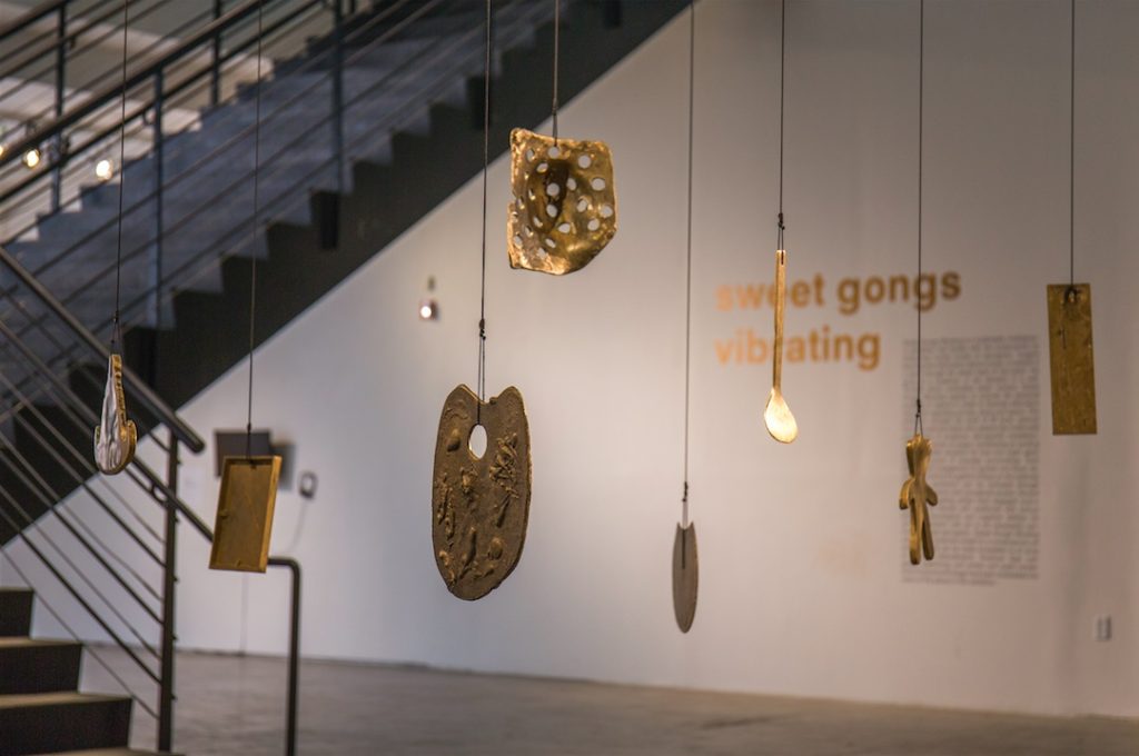 Aaron McPeake, Gongs: Eileen’s Palette, 2008, Once I Saw It All, 200, I Broke Her 78 Records, 2007, Breast Cancer Radiation Mask, 2008, Tainted Wedding Ring, 2007, Family Photograph, 2007, Meditation Gong – After Derrick, 2009, My Teddy Brownie, 2008, Wooden Spatula, 2010, bell bronze, Dimensions variable